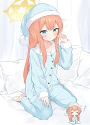 Rule 34 | 1girl, barefoot, blue archive, blue eyes, blue headwear, blue pajamas, blush, buttons, closed eyes, closed mouth, commentary request, hair between eyes, halo, hat, highres, kero-san (kerosan63), long hair, long sleeves, mari (blue archive), multiple views, nightcap, orange hair, pajamas, parted lips, partial commentary, pillow, pom pom (clothes), sleeping, yellow halo, zzz