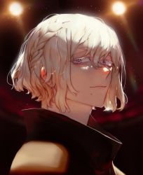 Rule 34 | 1girl, blonde hair, braid, closed mouth, light particles, looking at viewer, male focus, mole, mole under mouth, original, pigeon666, portrait, purple eyes, smile, solo, upper body