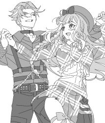 Rule 34 | 1boy, 1girl, :d, bad id, bad twitter id, beret, bow, braid, chain, chest harness, closed eyes, collar, collared shirt, cowboy shot, cropped jacket, dancing, facing viewer, greyscale, hands up, harness, hat, hat bow, hibino matsuri, hibino matsuri (primagista), holding hands, ibuki touma, ibuki touma (primagista), long hair, long sleeves, looking at another, looking back, monochrome, multicolored hair, necktie, open mouth, pants, plaid, plaid skirt, pleated skirt, pretty series, shirt, short hair, side braid, simple background, skirt, smile, standing, streaked hair, very long hair, waccha primagi!, white background, zashima