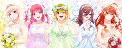Rule 34 | 5girls, ahoge, bare shoulders, blue dress, blue eyes, breasts, bridal veil, brown hair, butterfly hair ornament, choker, closed mouth, collarbone, detached sleeves, diadem, dress, falling petals, finger to mouth, flower, flower choker, gloves, go-toubun no hanayome, green dress, hair between eyes, hair flower, hair ornament, hand up, hands up, head wreath, highres, holding, holding flower, kachin, large breasts, long hair, looking at viewer, multiple girls, nakano ichika, nakano itsuki, nakano miku, nakano nino, nakano yotsuba, open mouth, orange hair, own hands together, petals, pink dress, pink hair, pinky out, purple dress, quintuplets, red flower, red hair, red rose, rose, short hair, siblings, sisters, star (symbol), star hair ornament, strapless, strapless dress, twitter username, two side up, upper body, veil, wedding dress, white dress, white flower, white gloves, white rose, white sleeves, yellow flower, yellow rose