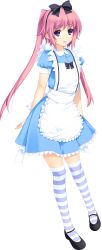 Rule 34 | 1girl, absurdres, alice (alice in wonderland), alice (alice in wonderland) (cosplay), alice in wonderland, apron, black footwear, blue dress, blush, bow, cosplay, dress, full body, hair ornament, highres, iizuki tasuku, looking at viewer, lovely x cation 2, nirasaki hinata, non-web source, pink hair, purple eyes, shoes, simple background, solo, striped clothes, striped thighhighs, thighhighs, transparent background, twintails, white background, zettai ryouiki