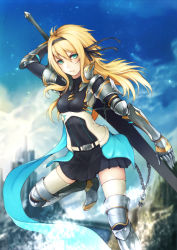 Rule 34 | 1girl, armor, black skirt, blonde hair, closed mouth, female focus, gauntlets, gloves, gradient background, green eyes, holding, holding sword, holding weapon, kyoeiki, original, skirt, solo, sword, thighhighs, weapon, white thighhighs, zettai ryouiki