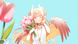 Rule 34 | 1girl, blue background, blurry, blurry foreground, bouquet, bracelet, brown wings, circe (fate), circlet, commentary request, dress, fate/grand order, fate (series), feathered wings, flower, head wings, holding, holding bouquet, jewelry, long hair, looking at viewer, multiple bracelets, necklace, one eye closed, pink flower, pink hair, pink tulip, purple eyes, puteru, simple background, smile, solo, tulip, twitter username, upper body, vase, white dress, winged hair ornament, wings