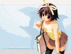 Rule 34 | 1girl, bag, black thighhighs, camisole, dolphin, downblouse, hashimoto takashi, leaning forward, one-piece tan, pleated skirt, shoulder bag, skirt, solo, tan, tanline, thighhighs, wallpaper, zettai ryouiki