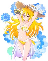 Rule 34 | 1girl, armpits, bandeau, bikini, blonde hair, blue sky, breasts, cleavage, floral background, hat, iesupa, navel, one eye closed, prosthesis, prosthetic arm, purple eyes, rwby, sarong, sky, smile, straw hat, swimsuit, yang xiao long