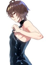 Rule 34 | 1boy, ahoge, annoyed, armpit crease, bishounen, brown hair, clothes pull, commentary request, from side, frown, glaring, granblue fantasy, hair between eyes, looking at viewer, makita (homosapiensu), male focus, messy hair, nipples, pectorals, petticoat, profile, red eyes, sandalphon (granblue fantasy), shiny clothes, short hair, simple background, skin tight, sleeveless, sleeveless turtleneck, solo focus, trap, turtleneck, upper body, white background