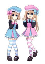 Rule 34 | 2girls, :d, beret, blue bow, blue eyes, blush, bow, brown hair, dress, full body, gekijigen tag: blanc + neptune vs zombie gundan, hair between eyes, hands up, hat, highres, long hair, looking at viewer, mary janes, multiple girls, neptune (series), open mouth, pink bow, ram (neptunia), rom (neptunia), shoes, short hair, siblings, simple background, sisters, smile, standing, standing on one leg, striped clothes, striped legwear, striped thighhighs, thighhighs, twins, white background, zero (ray 0805)