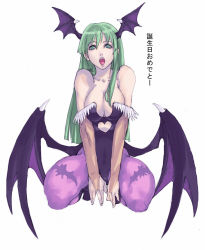 Rule 34 | 1girl, animal print, bat print, breasts, breasts squeezed together, capcom, cleavage, demon girl, head wings, large breasts, leotard, morrigan aensland, open mouth, pantyhose, print pantyhose, solo, tetsu (kimuchi), vampire (game), wings