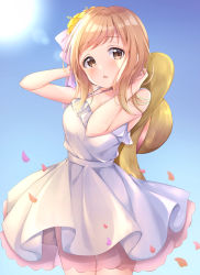 Rule 34 | 1girl, absurdres, adjusting hair, bare arms, blue sky, blush, bow, breasts, brown eyes, commentary request, dress, flower, hair bow, hair flower, hair ornament, hat, hat ribbon, highres, idolmaster, idolmaster shiny colors, light brown hair, light rays, long hair, looking at viewer, medium breasts, open mouth, petals, poe (528yuzunon), ribbon, sakuragi mano, sky, solo, spaghetti strap, sun, sundress, swept bangs, white dress