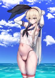 Rule 34 | 1girl, absurdres, anchor, anchor hair ornament, arms up, bad id, bad pixiv id, black hairband, black panties, blonde hair, blue sky, blush, breasts, cameltoe, cloud, commentary request, covered erect nipples, crop top, day, elbow gloves, gloves, grey eyes, hair ornament, hairband, highleg, highleg panties, highres, kantai collection, long hair, medium breasts, miramu (ramu450471), navel, no pants, ocean, outdoors, panties, parted lips, school uniform, see-through, serafuku, shimakaze (kancolle), skindentation, sky, solo, standing, stomach, striped clothes, striped thighhighs, thighhighs, underwear, wading, water, water drop, wet, white gloves