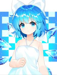 Rule 34 | :o, absurdres, blue eyes, blue hair, bow, cirno, dress, eyebrows, eyelashes, hair bow, highres, ice, ice wings, off shoulder, short hair, sleeveless, solo, touhou, upper body, white bow, white dress, wings, yuujin (yuzinn333)
