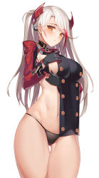 Rule 34 | 1girl, antenna hair, azur lane, black gloves, blush, breasts, brown eyes, btraphen, clothes lift, cowboy shot, gloves, groin, hair between eyes, highres, large breasts, long hair, looking at viewer, mole, mole on breast, multicolored hair, navel, prinz eugen (azur lane), red hair, shrug (clothing), silver hair, simple background, solo, stomach, streaked hair, swept bangs, thighs, two side up, very long hair, white background
