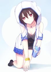 Rule 34 | 1girl, :o, alternate costume, black footwear, black hair, bottle, breasts, casual, cleavage, clothing cutout, commentary request, fate/grand order, fate (series), head wings, highres, holding, holding bottle, hood, hoodie, jewelry, kneeling, looking at viewer, medium breasts, necklace, ortlinde (fate), red eyes, scrunchie, short hair, shoulder cutout, solo, suginagi kouta, valkyrie (fate), wings, wrist scrunchie