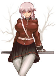 Rule 34 | 1girl, belt, braid, breasts, fate/grand order, fate (series), florence nightingale (fate), folded ponytail, jonylaser, large breasts, looking at viewer, military, military uniform, pantyhose, pink hair, pleated skirt, red eyes, skirt, smile, solo, uniform, white pantyhose