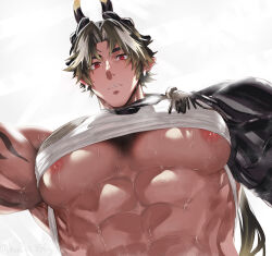 Rule 34 | 1boy, abs, alternate pectoral size, arknights, bara, black hair, blush, chong yue (arknights), close-up, clothes lift, dragon boy, dragon horns, earrings, foreshortening, from below, haiki (tegusu), highres, horns, jewelry, large pectorals, long hair, looking at viewer, male focus, multicolored hair, muscular, muscular male, nipple slip, nipples, pectoral focus, pectorals, pointy ears, ponytail, raised eyebrows, red eyes, shirt, shirt lift, solo, stomach, streaked hair, sweat, thick thighs, thighs, underpec, upper body, white shirt