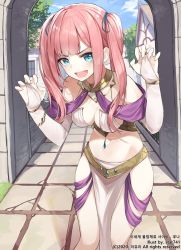 Rule 34 | 1girl, :d, absurdres, arch, bare shoulders, blue eyes, breasts, claw pose, cleavage, copyright request, day, fang, hair ribbon, hands up, highres, jewelry, long hair, looking at viewer, medium breasts, midriff, mole, mole under eye, novel illustration, official art, open mouth, outdoors, pelvic curtain, pink hair, revealing clothes, ribbon, smile, solo, standing, star741, stomach, thighs, twintails, v-shaped eyebrows