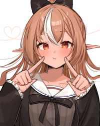 Rule 34 | 1girl, black bow, blush, bow, brown hair, collarbone, dark-skinned female, dark skin, fingers to cheeks, hair bow, highres, hololive, long hair, long pointy ears, looking at viewer, mikukana133, multicolored hair, official alternate costume, pointy ears, ponytail, portrait, pout, sailor collar, shiranui flare, shiranui flare (street), solo, streaked hair, virtual youtuber, white hair