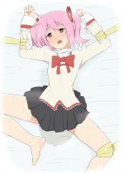 Rule 34 | 1girl, arms up, barefoot, bdsm, bed sheet, black skirt, blush, bondage, bound, bow, bowtie, breath, clenched hands, drooling, empty eyes, female focus, flat chest, from above, full-face blush, hair ribbon, japanese text, kaname madoka, long sleeves, lying, mahou shoujo madoka magica, mitakihara school uniform, on back, open mouth, pee, peed self, pink hair, pleated skirt, red bow, red bowtie, red eyes, red ribbon, ribbon, saliva, salpin, school uniform, shirt, short hair, short twintails, skirt, solo, spread legs, steam, sweat, translation request, twintails