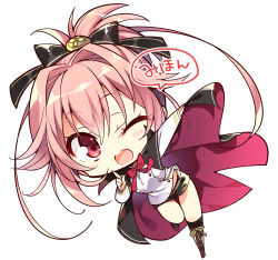 Rule 34 | 1girl, black shorts, boots, cape, chibi, commentary request, hair between eyes, hair intakes, hair ribbon, holding, holding cape, holding clothes, index finger raised, kakuu-kun, kakuu friend, komowata haruka, looking at viewer, one eye closed, open mouth, pink hair, ponytail, red eyes, ribbon, shirt, shorts, sidelocks, simple background, solo, white background, white shirt