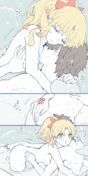 Rule 34 | 1boy, 1girl, ass, azumi (myameco), bathing, bathtub, blonde hair, blush, breasts, brown hair, closed eyes, closed mouth, command spell, commentary request, completely nude, ereshkigal (fate), fate/grand order, fate (series), fingering, fujimaru ritsuka (male), grabbing, grabbing another&#039;s breast, hair ribbon, hetero, medium breasts, mixed-sex bathing, nude, partially submerged, red eyes, red ribbon, ribbon, shared bathing, short hair, steam, water, wet