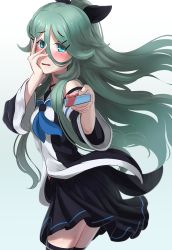 Rule 34 | 10s, 1girl, ao iro, black ribbon, black thighhighs, blue neckerchief, cowboy shot, detached sleeves, gift, green eyes, green hair, hair between eyes, hair ornament, hair ribbon, hairclip, hand on own face, highres, incoming gift, kantai collection, long hair, looking at viewer, neckerchief, pleated skirt, ponytail, presenting gift, ribbon, school uniform, serafuku, simple background, skirt, solo, thighhighs, valentine, white background, yamakaze (kancolle)