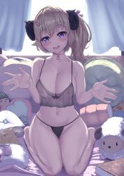 Rule 34 | 1girl, alternate hairstyle, black panties, blonde hair, blush, breasts, camisole, ceilinginmyroom, cleavage, collarbone, curled horns, curtains, cushion, full body, hair ornament, hairclip, hands up, highres, hololive, horns, indoors, large breasts, medium hair, navel, nipples, open hands, open mouth, panties, pillow, purple eyes, see-through, sheep girl, sheep horns, side ponytail, sitting, solo, ssrb (shishiro botan), stomach, stuffed toy, thighs, tsunomaki watame, underwear, virtual youtuber, watamate, window