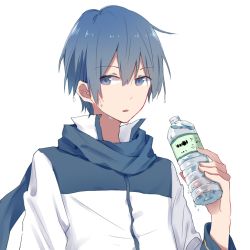Rule 34 | 1boy, blue eyes, blue hair, blue scarf, bottle, holding, holding bottle, jacket, kaito (vocaloid), long sleeves, male focus, mimengfeixue, parted lips, scarf, sideways glance, simple background, solo, sweat, vocaloid, water bottle, white background