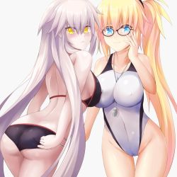 Rule 34 | 2girls, ahsiu, ass, back, bad id, bad pixiv id, bespectacled, between breasts, bikini, black bikini, blonde hair, blue eyes, breasts, competition school swimsuit, cowboy shot, fate/apocrypha, fate/grand order, fate (series), from side, glasses, gluteal fold, hair between eyes, highres, impossible clothes, impossible swimsuit, jeanne d&#039;arc alter (swimsuit berserker) (fate), jeanne d&#039;arc (fate), jeanne d&#039;arc (ruler) (fate), jeanne d&#039;arc (swimsuit archer) (fate), jeanne d&#039;arc (swimsuit archer) (second ascension) (fate), jeanne d&#039;arc alter (fate), jeanne d&#039;arc alter (swimsuit berserker) (fate), long hair, looking at viewer, looking back, multiple girls, o-ring, o-ring bikini, one-piece swimsuit, school swimsuit, side ponytail, silver hair, simple background, skin tight, smile, standing, swimsuit, thigh gap, very long hair, whistle, white background, white one-piece swimsuit, yellow eyes