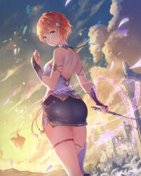 Rule 34 | 1girl, absurdres, anbe yoshirou, ass, asymmetrical legwear, bare shoulders, blue eyes, blush, breasts, bridal gauntlets, closed mouth, cloud, cloudy sky, commentary request, gradient sky, hair ornament, hand up, highres, holding, looking at viewer, looking back, medium breasts, miniskirt, orange hair, orthia (ragnabreak), outdoors, shinma x keishou! ragnabreak, short hair, simple background, skirt, sky, smile, solo, sunset, thigh strap, thighhighs, uneven legwear, wand