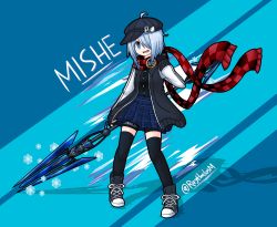 Rule 34 | 1girl, absurdres, ahoge, artist name, black footwear, black gloves, black hat, black thighhighs, blue eyes, blue hair, blush, checkered clothes, checkered scarf, eyebrows, fingerless gloves, full body, gloves, hair over one eye, hat, highres, looking at viewer, multicolored footwear, open mouth, original, over-kneehighs, raythalosm, red scarf, scarf, shoes, short hair, smile, sneakers, solo, thighhighs, translation request, twitter username, vrchat, white footwear