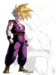 Rule 34 | 1boy, bare pectorals, battle damage, blue wristband, clenched hands, closed mouth, dougi, dragon ball, dragonball z, green eyes, highres, horang4628, male focus, pectorals, scratches, solo, son gohan, spiked hair, standing, super saiyan, toned, toned male, torn, torn clothes, twitter username, v-shaped eyebrows, white background, wristband, zoom layer