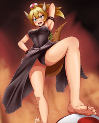 Rule 34 | &gt;:o, 1girl, absurdres, anger vein, armlet, armpits, bare legs, bare shoulders, barefoot, black leotard, black skirt, blonde hair, blue eyes, bowsette, bracelet, breasts, collar, crown, dress, fangs, feet, femdom, from below, gem, hand on own hip, highres, horns, izuthree, jewelry, large breasts, leotard, long hair, looking at viewer, mario (series), new super mario bros. u deluxe, nintendo, open mouth, ponytail, skirt, solo, spiked bracelet, spiked collar, spikes, stepped on, strapless, strapless dress, super crown, tail, toes, turtle shell, v-shaped eyebrows