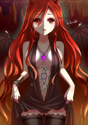 Rule 34 | 1girl, absurdres, artist name, bat wings, breasts, character request, cleavage, clothes lift, demon girl, dress, dress lift, gluteal fold, highres, horns, jewelry, long hair, nail polish, necklace, original, red eyes, red hair, rhode, solo, thighhighs, thumb ring, wings