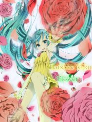 Rule 34 | 1girl, aqua eyes, aqua hair, armpits, bad id, bad pixiv id, detached sleeves, dress, flower, hatsune miku, highres, long hair, outstretched arm, perspective, petals, pink flower, pink rose, red flower, red rose, rose, rose petals, solo, thighhighs, twintails, very long hair, vocaloid, yache
