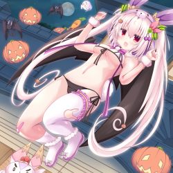Rule 34 | 1girl, absurdres, alternate costume, bat (animal), bikini, breasts, rabbit, commentary request, flower knight girl, full body, halloween, highres, jack-o&#039;-lantern, looking at viewer, micro bikini, naitounaitou, navel, night, open mouth, pumpkin, red eyes, silver hair, single thighhigh, small breasts, solo, swimsuit, thighhighs, twintails, usagigoke (flower knight girl)