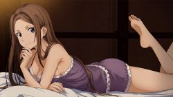 Rule 34 | 1girl, arm support, bare shoulders, barefoot, bed sheet, breasts, brown hair, cleavage, closed mouth, collarbone, earrings, eyebrows, female focus, highres, indoors, jewelry, large breasts, long hair, looking at viewer, lying, nightgown, official art, on bed, on stomach, smile, soles, solo, sortiliena serlut, spread toes, stud earrings, sword art online, toes
