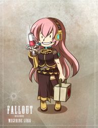 Rule 34 | 1girl, bullet hole, character name, fallout (series), gyamo, headset, long hair, megurine luka, parody, pink hair, smile, solo, syringe, vault boy, vocaloid