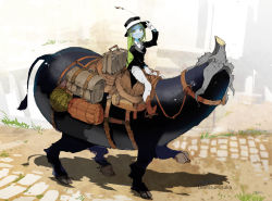 Rule 34 | 1girl, 1other, artist name, blue skin, colored skin, commentary request, demizu posuka, eggplant, food, formal, fruit, gloves, green hair, hat, horseback riding, luggage, obon, original, riding, shouryouuma, top hat, watermelon