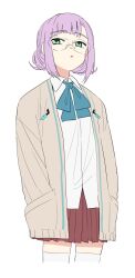 Rule 34 | 1girl, aqua bow, aqua bowtie, benbe, bow, bowtie, brown jacket, collared shirt, cropped legs, glasses, green eyes, hands in pockets, heaven burns red, highres, higuchi seika, jacket, long sleeves, parted lips, pleated skirt, purple hair, red skirt, round eyewear, shirt, sidelocks, skirt, solo, swept bangs, thighhighs, white background, white thighhighs