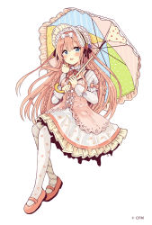 Rule 34 | 1girl, :d, absurdres, animal, animal on shoulder, blue eyes, blush, bonnet, bow, braid, cat, dress, frilled skirt, frills, full body, hair between eyes, hair bow, highres, holding, holding umbrella, layered sleeves, lolita fashion, long hair, long sleeves, looking at viewer, megurine luka, multicolored umbrella, neck ribbon, open mouth, pink bow, pink dress, pink footwear, pink hair, polka dot, puffy short sleeves, puffy sleeves, red ribbon, ribbon, sakura oriko, shoes, short over long sleeves, short sleeves, side braids, simple background, skirt, smile, solo, sweet lolita, twin braids, umbrella, very long hair, vocaloid, watermark, white background, white bow, white headwear, white skirt