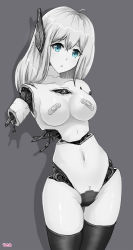 Rule 34 | 1girl, absurdres, amputee, android, bandaid, bandaids on nipples, blue eyes, breasts, damaged, highres, long hair, looking at viewer, mechanical parts, navel, open mouth, original, pasties, rasen manga, thighhighs, thighs, white hair