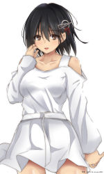 Rule 34 | 1girl, alternate costume, bare shoulders, black hair, brown eyes, character name, cowboy shot, dated, dress, eyebrows, haguro (kancolle), hair ornament, highres, kantai collection, short hair, simple background, solo, timato, twitter username, white background, white dress