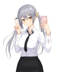 Rule 34 | 1girl, black skirt, bow, breasts, brown eyes, cellphone, doggo34476335, grey hair, hair bow, hair ornament, highres, long hair, looking at viewer, medium breasts, necktie, original, phone, shirt, skirt, smartphone, smile, solo, v, white background, white shirt