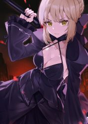 Rule 34 | 1girl, artoria pendragon (all), artoria pendragon (fate), black bow, black dress, blonde hair, bow, breasts, closed mouth, dress, excalibur morgan (fate), fate/grand order, fate (series), hair bow, highres, holding, holding sword, holding weapon, long sleeves, looking at viewer, medium breasts, red eyes, saber alter, shong0127, short hair, simple background, solo, sword, weapon