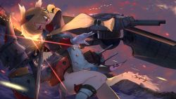 Rule 34 | 1girl, action, azur lane, black hairband, blonde hair, blue eyes, blush, bow, cannon, cloud, covered mouth, crown, damaged, detached sleeves, dress, evening, explosion, gloves, hair between eyes, hair bow, hairband, headgear, highres, holding, holding sword, holding weapon, injury, isaka wasabi, light particles, long hair, looking at viewer, machinery, mini crown, ocean, projectile trail, rigging, sidelocks, sunset, sword, thighhighs, thighs, torn clothes, turret, very long hair, warspite (azur lane), waves, weapon, white gloves, white thighhighs