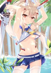 Rule 34 | 1girl, armpits, ayanami (azur lane), azur lane, belt, blue sailor collar, blue skirt, blush, breasts, commentary request, cowboy shot, crop top, crop top overhang, day, gluteal fold, hair between eyes, headgear, highres, hiyada yuu, holding, holding sword, holding weapon, legs apart, light brown hair, long hair, looking at viewer, medium breasts, miniskirt, navel, neckerchief, outdoors, platinum blonde hair, ponytail, pussy, pussy peek, red eyes, retrofit (azur lane), sailor collar, sidelocks, skirt, solo, standing, stomach, sword, thighhighs, thighs, underboob, water drop, weapon, white thighhighs, yellow neckerchief