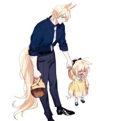 Rule 34 | 1boy, 1girl, animal ears, arknights, belt, black belt, black bow, black pants, blemishine (arknights), blonde hair, bow, child, collared shirt, crying, dress, father and daughter, frown, full body, hair bow, highres, holding hands, horse boy, horse ears, horse girl, horse tail, long hair, long sleeves, looking at another, mamkkeokk, mlynar (arknights), necktie, pants, ponytail, shirt, shirt tucked in, short hair, simple background, standing, tail, white background, white necktie, yellow dress