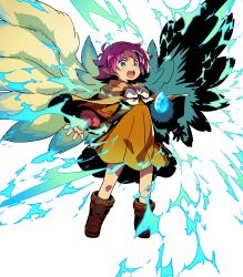 Rule 34 | bag, boots, cape, capelet, child, dress, facial mark, fae (fire emblem), fire emblem, fire emblem: the binding blade, fire emblem heroes, forehead mark, full body, glowing, green eyes, highres, himukai yuuji, long sleeves, nintendo, official art, open mouth, pink hair, pointing, pointy ears, ribbon, short dress, short hair, solo, stone, transparent background, wings