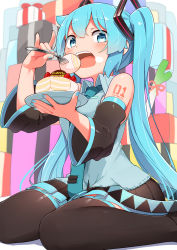 Rule 34 | 1girl, abmayo, aqua eyes, aqua hair, birthday, birthday cake, black thighhighs, blue nails, blue necktie, blue shirt, box, cake, commentary, detached sleeves, eating, food, food on face, fork, fruit, gift, gift box, happy birthday, hatsune miku, higher resolution available, highres, holding, holding plate, long hair, m/, nail polish, necktie, open mouth, plate, shiny skin, shirt, sitting, skirt, solo, spring onion, strawberry, tattoo, teeth, thighhighs, twintails, very long hair, vocaloid, wariza