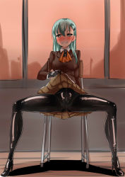 Rule 34 | 10s, 1girl, aqua eyes, aqua hair, ayuayu (shouyu no sato), bodysuit, bodysuit under clothes, chair, clothes lift, gloves, grin, high heels, highres, jpeg artifacts, kantai collection, latex, latex suit, long hair, looking at viewer, shiny clothes, skirt, skirt lift, smile, solo, spread legs, suzuya (kancolle)